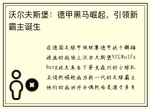 沃尔夫斯堡：德甲黑马崛起，引领新霸主诞生