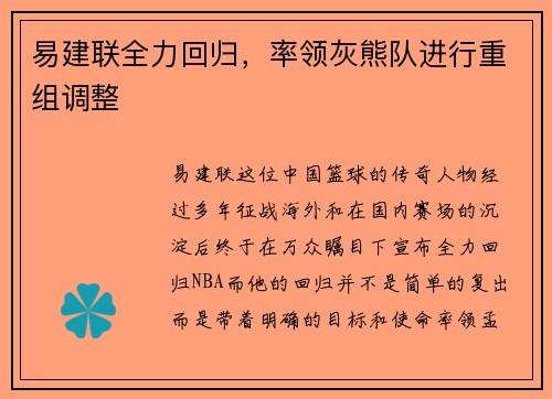 易建联全力回归，率领灰熊队进行重组调整