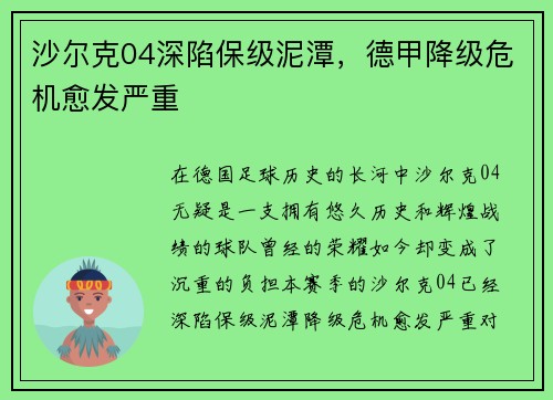沙尔克04深陷保级泥潭，德甲降级危机愈发严重