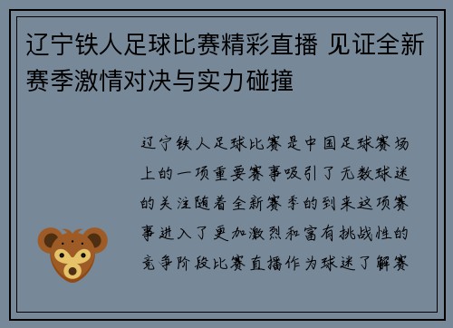 辽宁铁人足球比赛精彩直播 见证全新赛季激情对决与实力碰撞